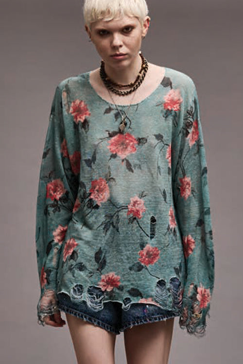 R13 Floral Distressed Linen Boyfriend Sweater